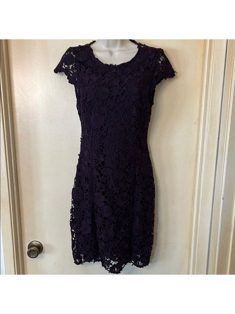 Lulu's Plum Lace Flutter Sleeve Sheath Dress with Open Back size S